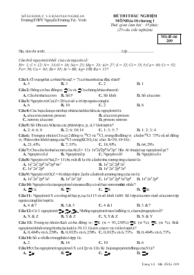 Đề 4 thi trắc nghiệm môn hóa 10 hè 2015 thời gian làm bài 45 phút trường THPT Nguyễn Trường Tộ - Vinh